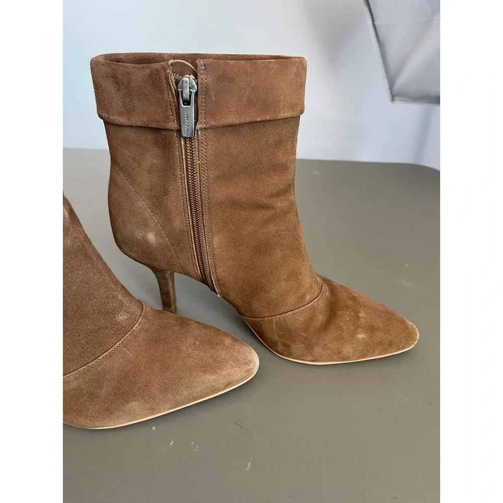 Vince Camuto Brown Suede Pointed Toe Kitten Heel Ankle Booties Fold Over Cuff